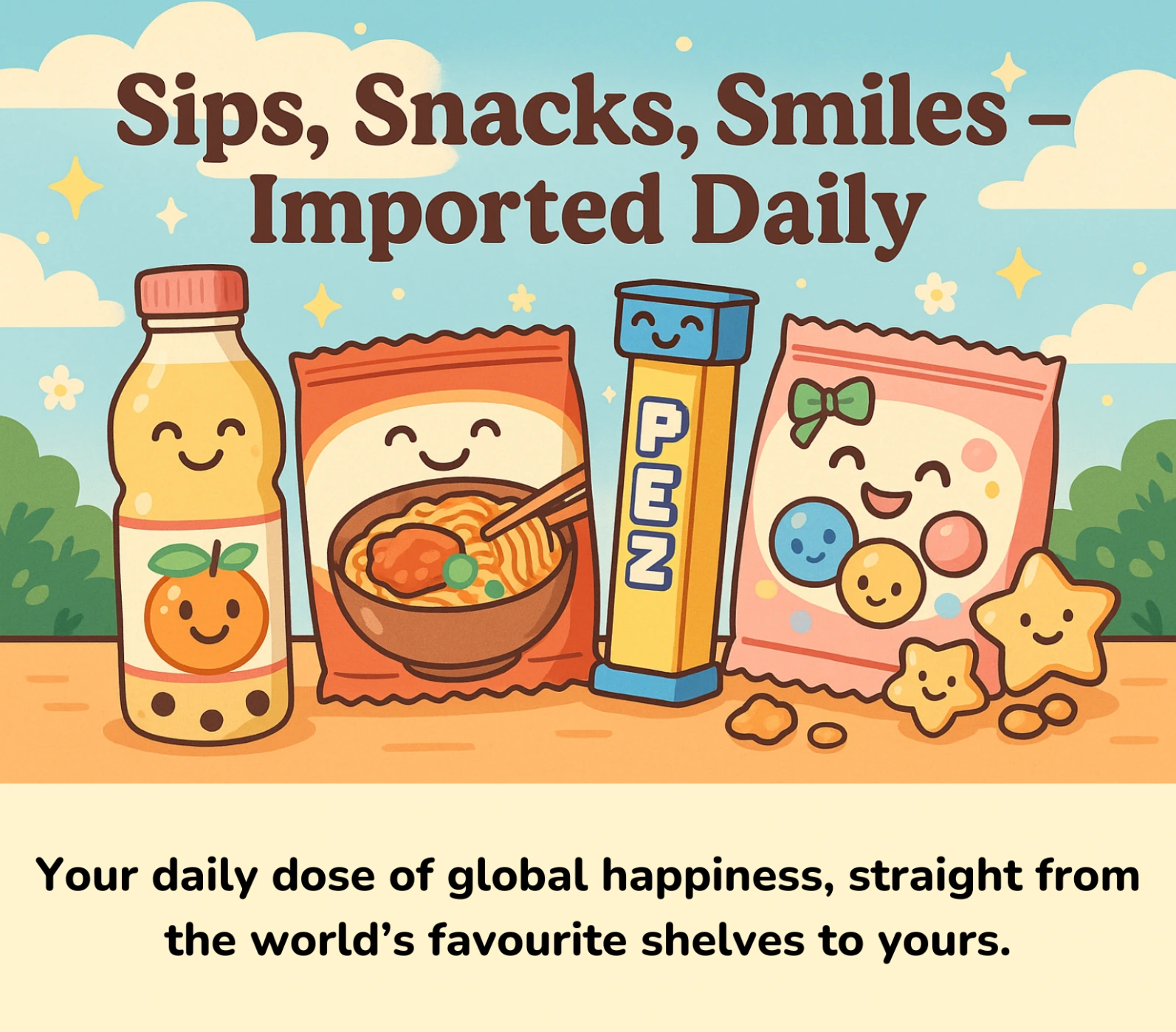 Kawaii-style illustration featuring an orange drink, ramen packet, Pez dispenser, and candy snacks with the heading ‘Sips, Snacks, Smiles — Imported Daily’.
